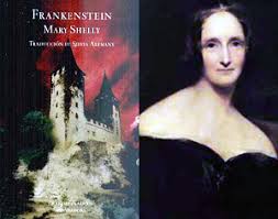retrato de Mary Shelley con la portada de su novela Frankenstein